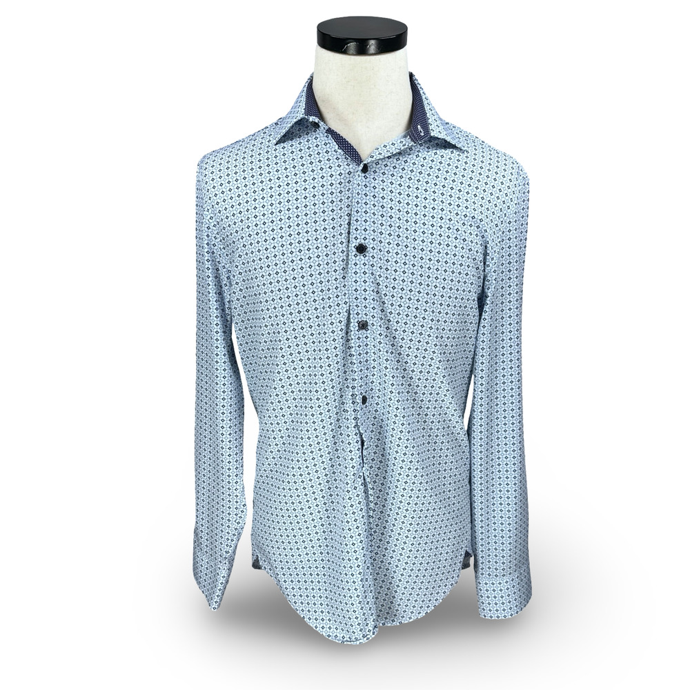 WRK Dress Shirt Men’s 15.5 White Blue Geometric Print 4-Way Stretch Slim Fit